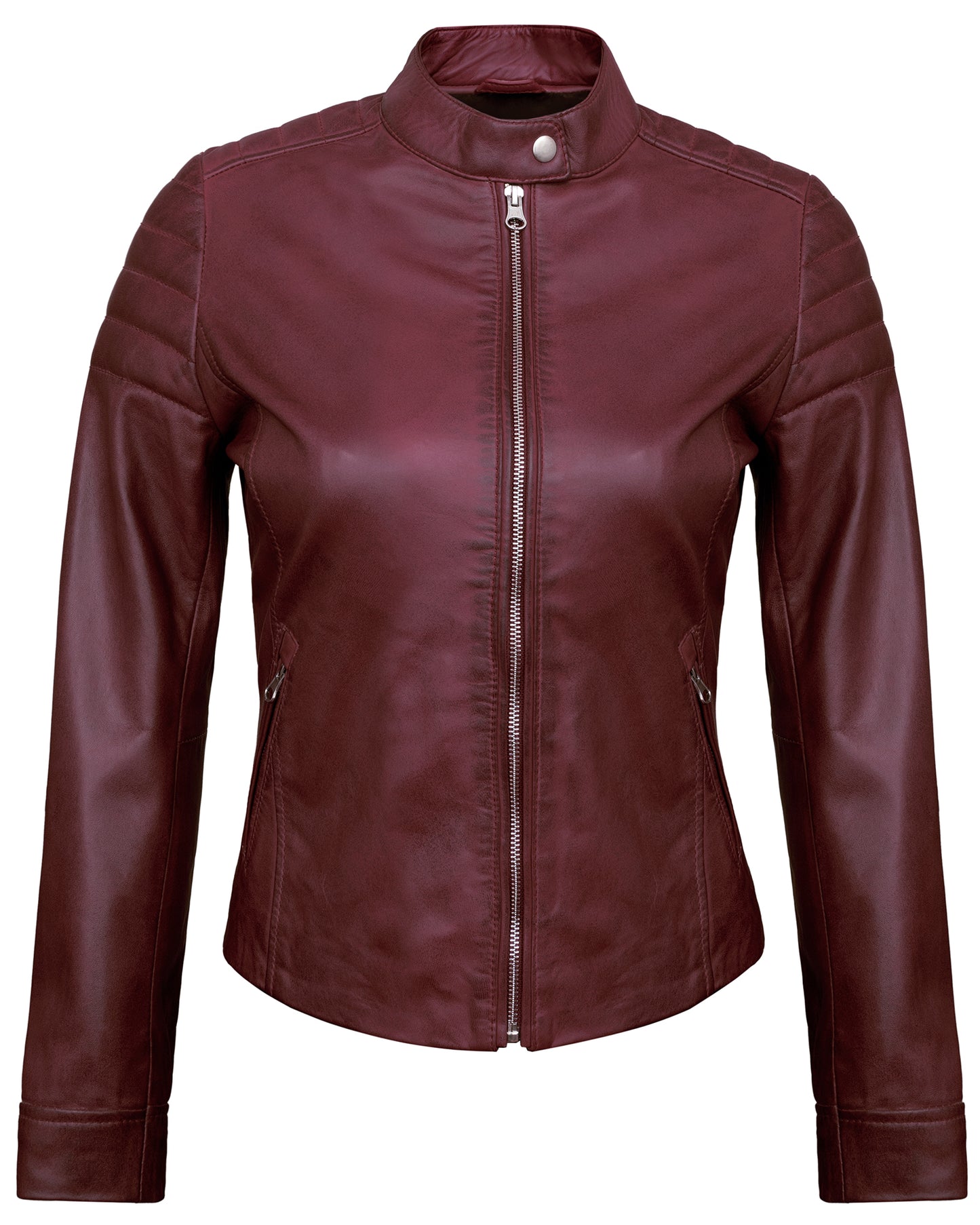 Maroon Women's Lambskin Leather Biker Jacket – Real Lambskin Stylish Moto Jacket