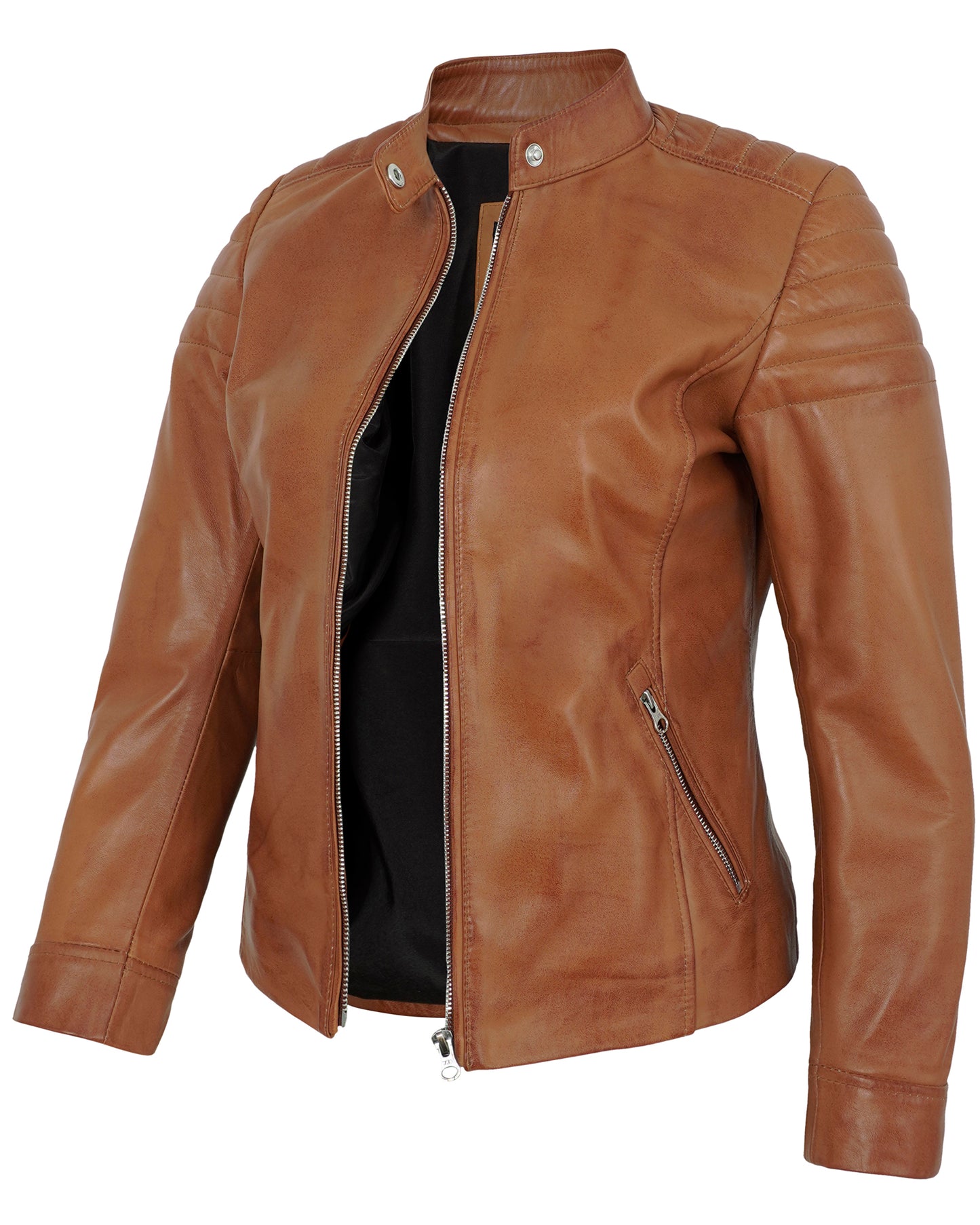 Tan Women's Lambskin Leather Biker Jacket – Real Lambskin Moto Jacket