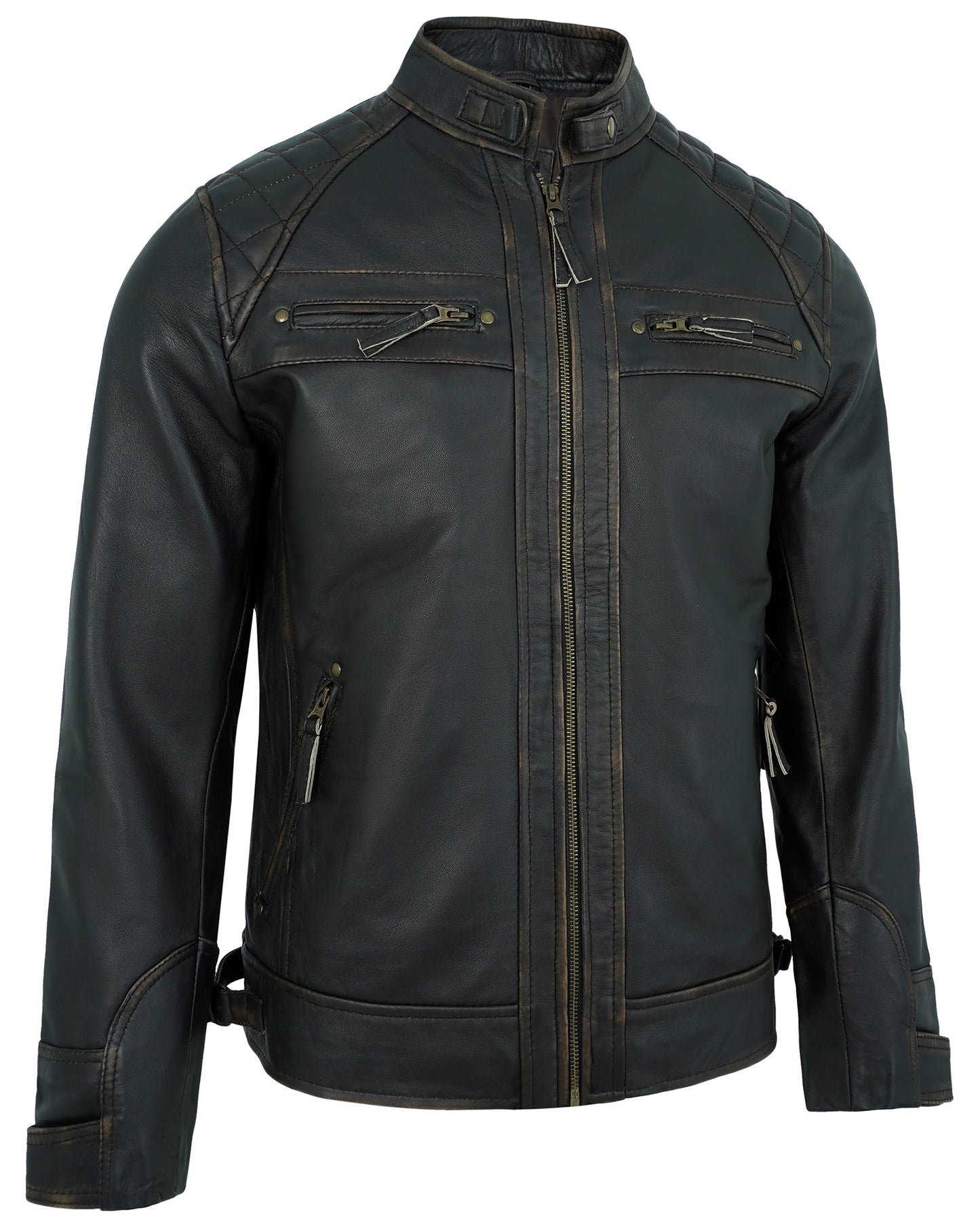 Men’s Ruboff Motorcycle Leather Jacket – Biker Style Quilted Shoulder