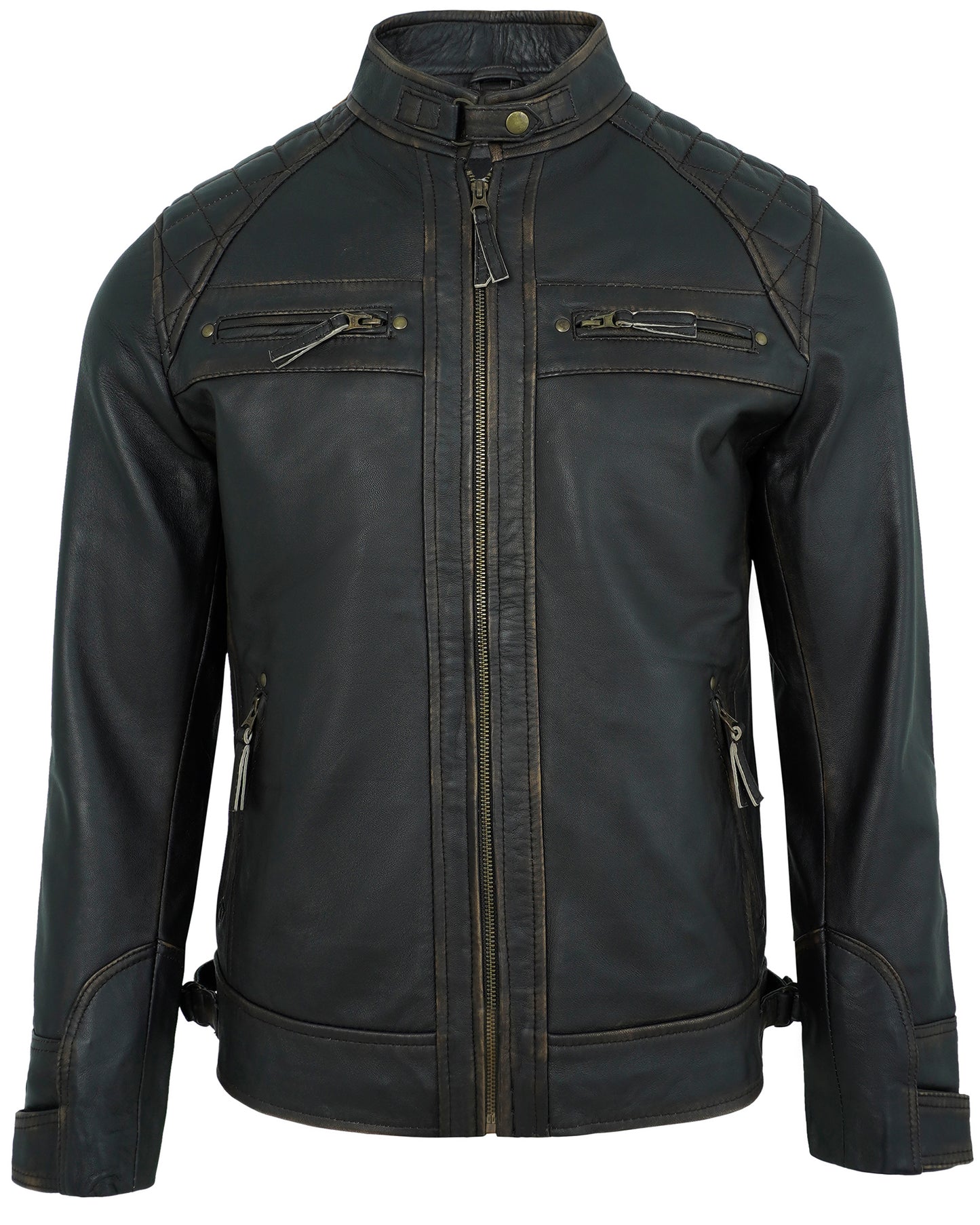 Men’s Ruboff Motorcycle Leather Jacket – Biker Style Quilted Shoulder
