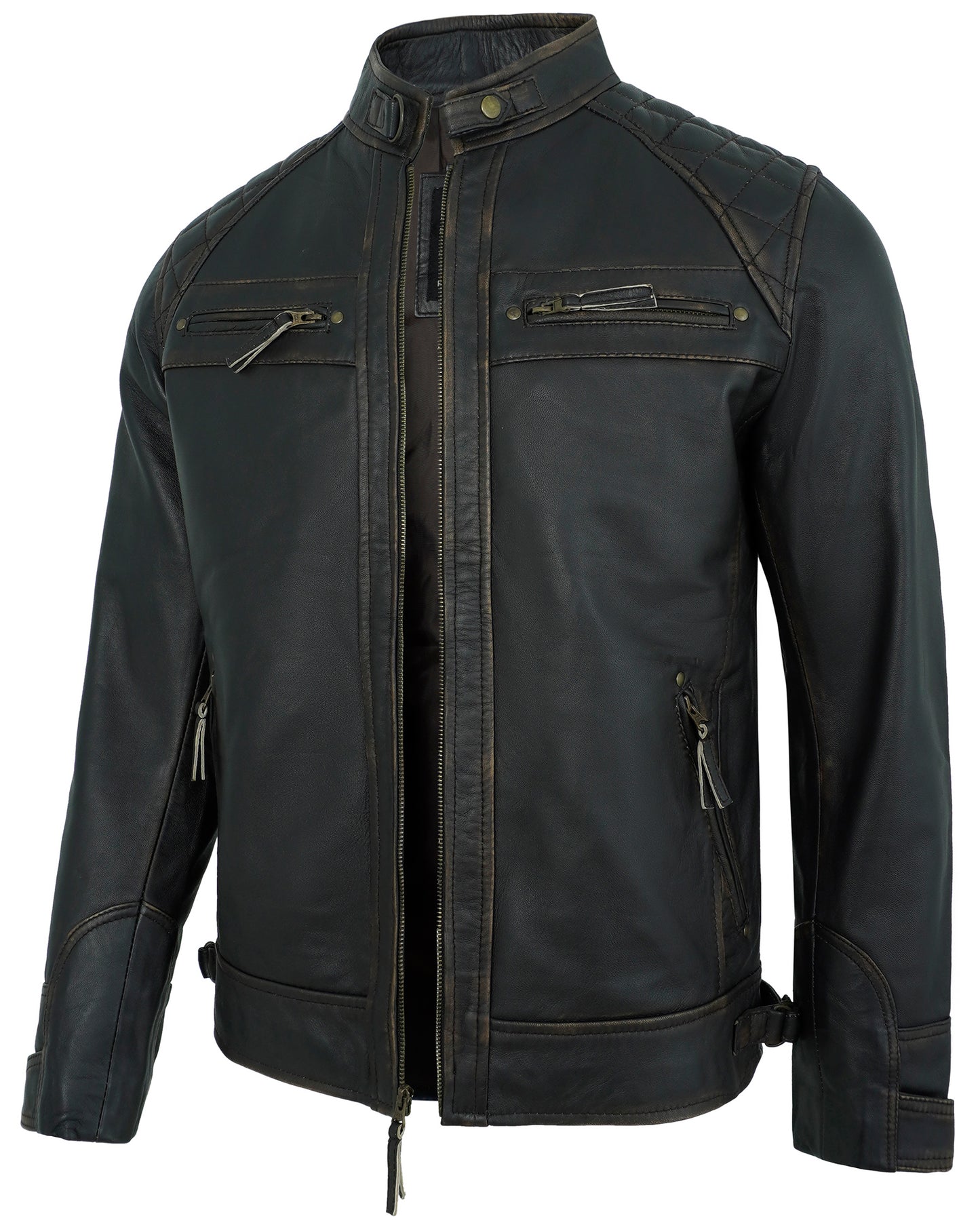 Men’s Ruboff Motorcycle Leather Jacket – Biker Style Quilted Shoulder