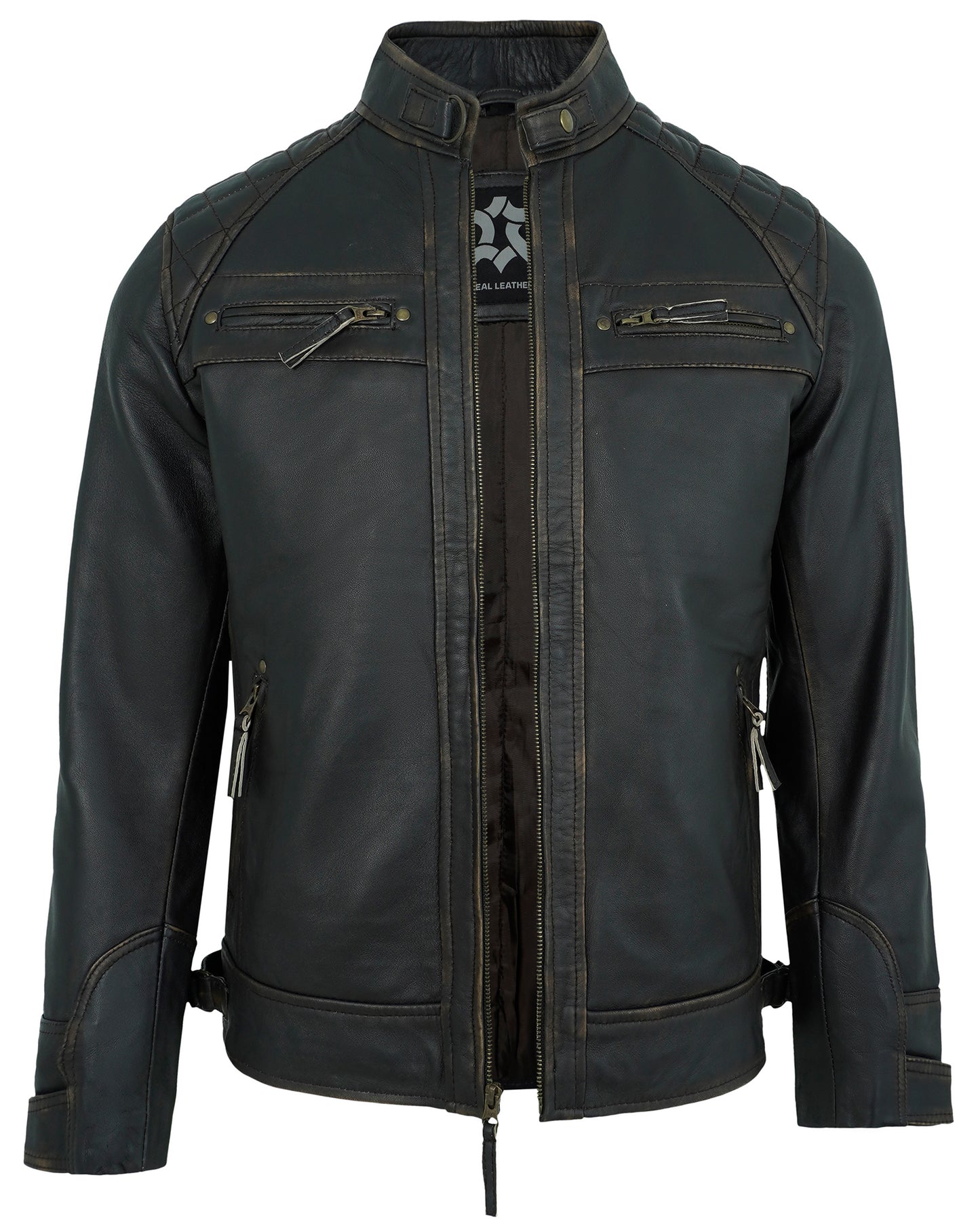 Men’s Ruboff Motorcycle Leather Jacket – Biker Style Quilted Shoulder