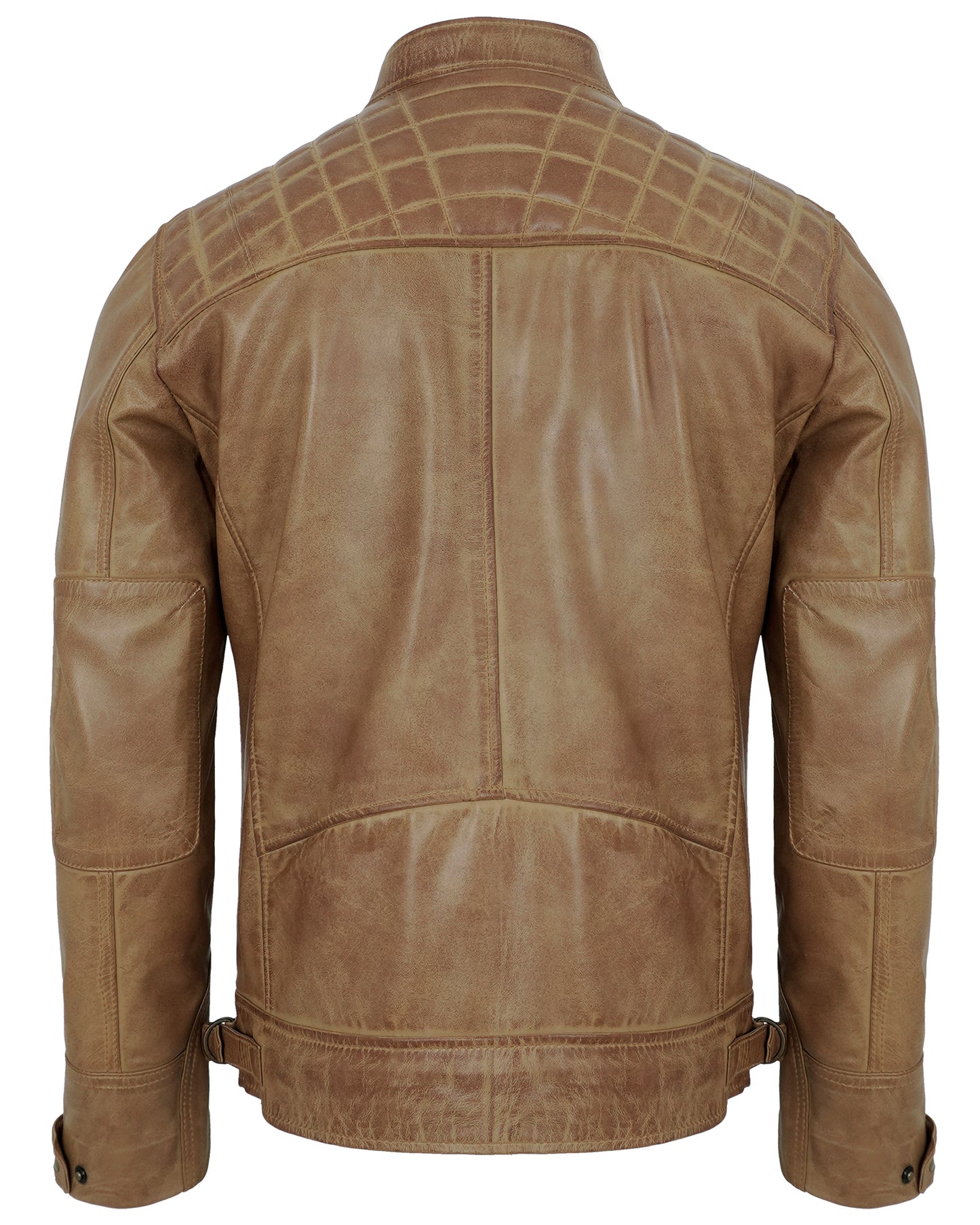 Men’s Camel Biker Motorcycle Leather Jacket – Quilted Shoulder Style