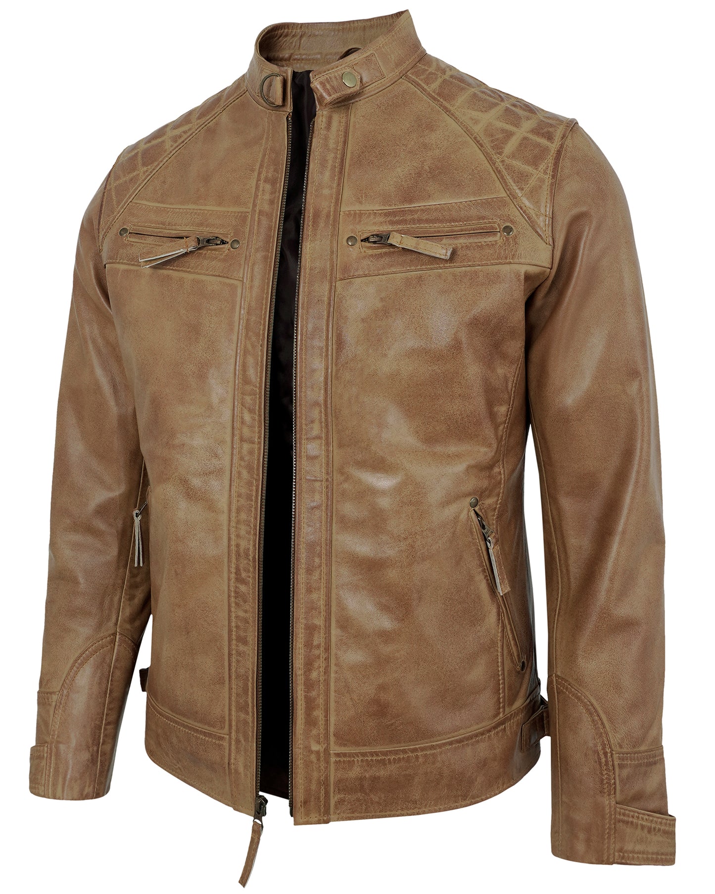 Men’s Camel Biker Motorcycle Leather Jacket – Quilted Shoulder Style