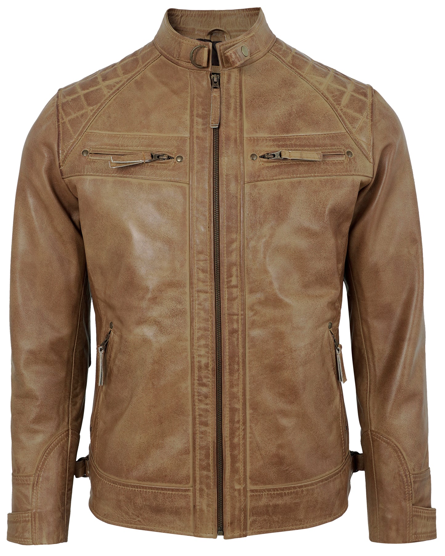 Men’s Camel Biker Motorcycle Leather Jacket – Quilted Shoulder Style