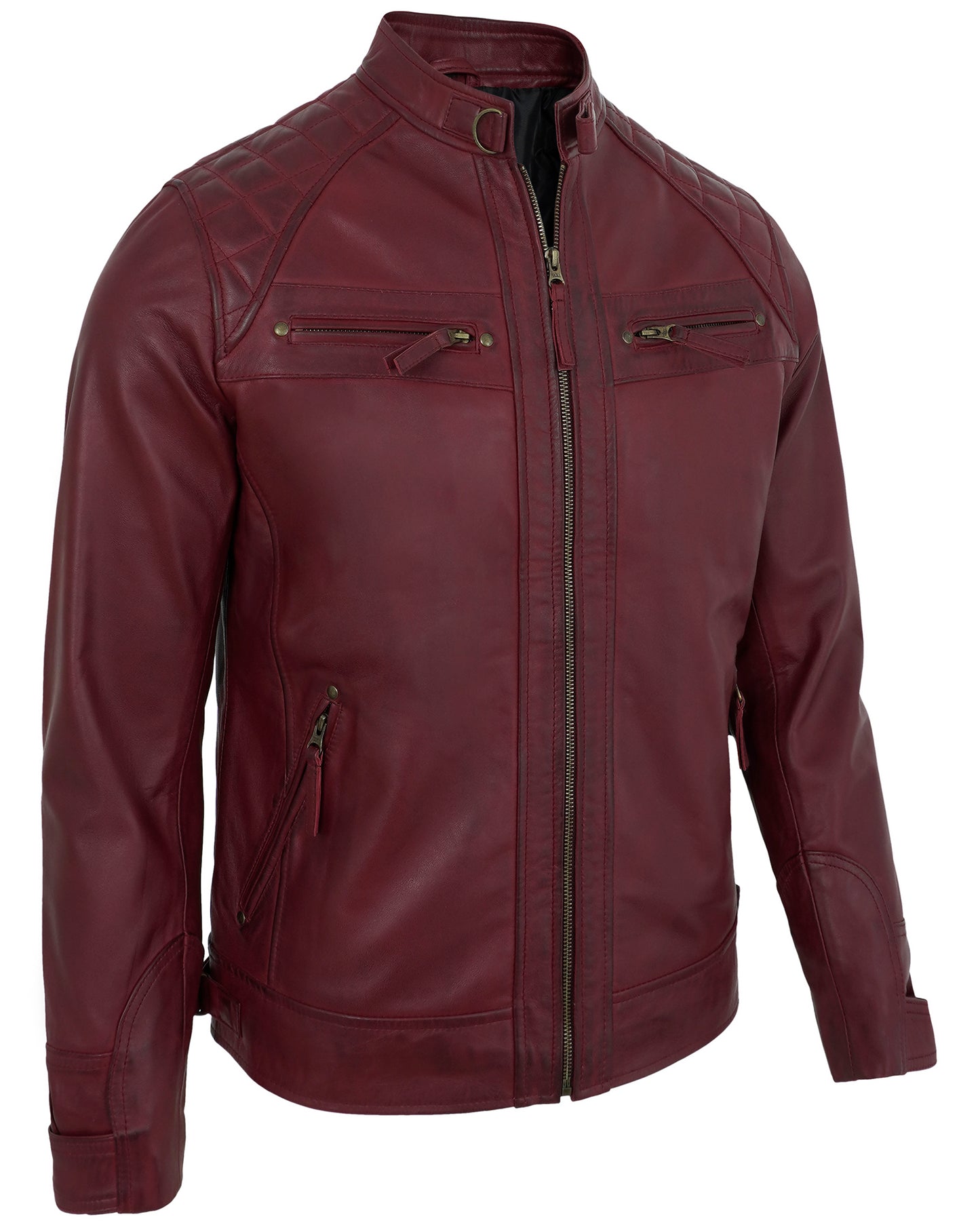 Men’s Maroon Motorcycle Style Leather Jacket Men – Quilted Shoulder