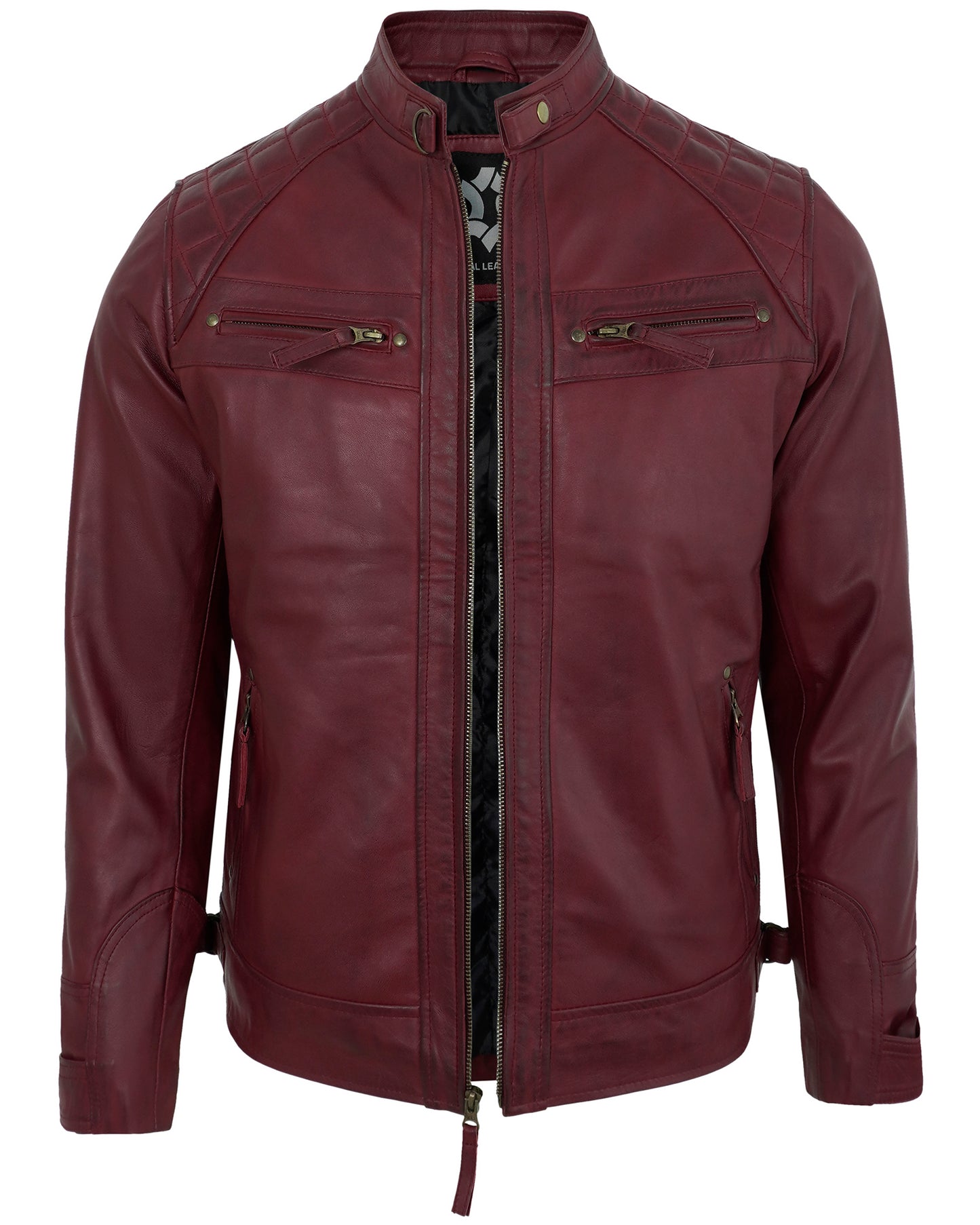 Men’s Maroon Motorcycle Style Leather Jacket Men – Quilted Shoulder