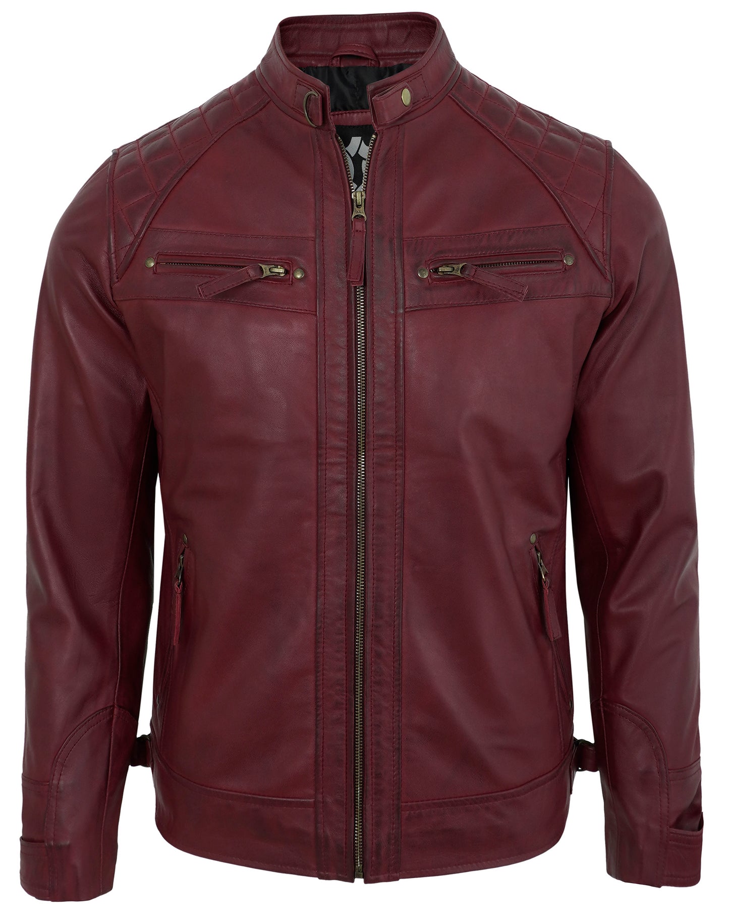 Men’s Maroon Motorcycle Style Leather Jacket Men – Quilted Shoulder