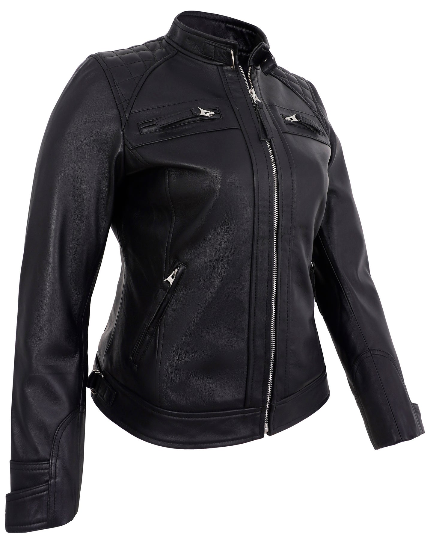 Black Leather Cafe Racer Jackets for Women – Real Lambskin Quilted