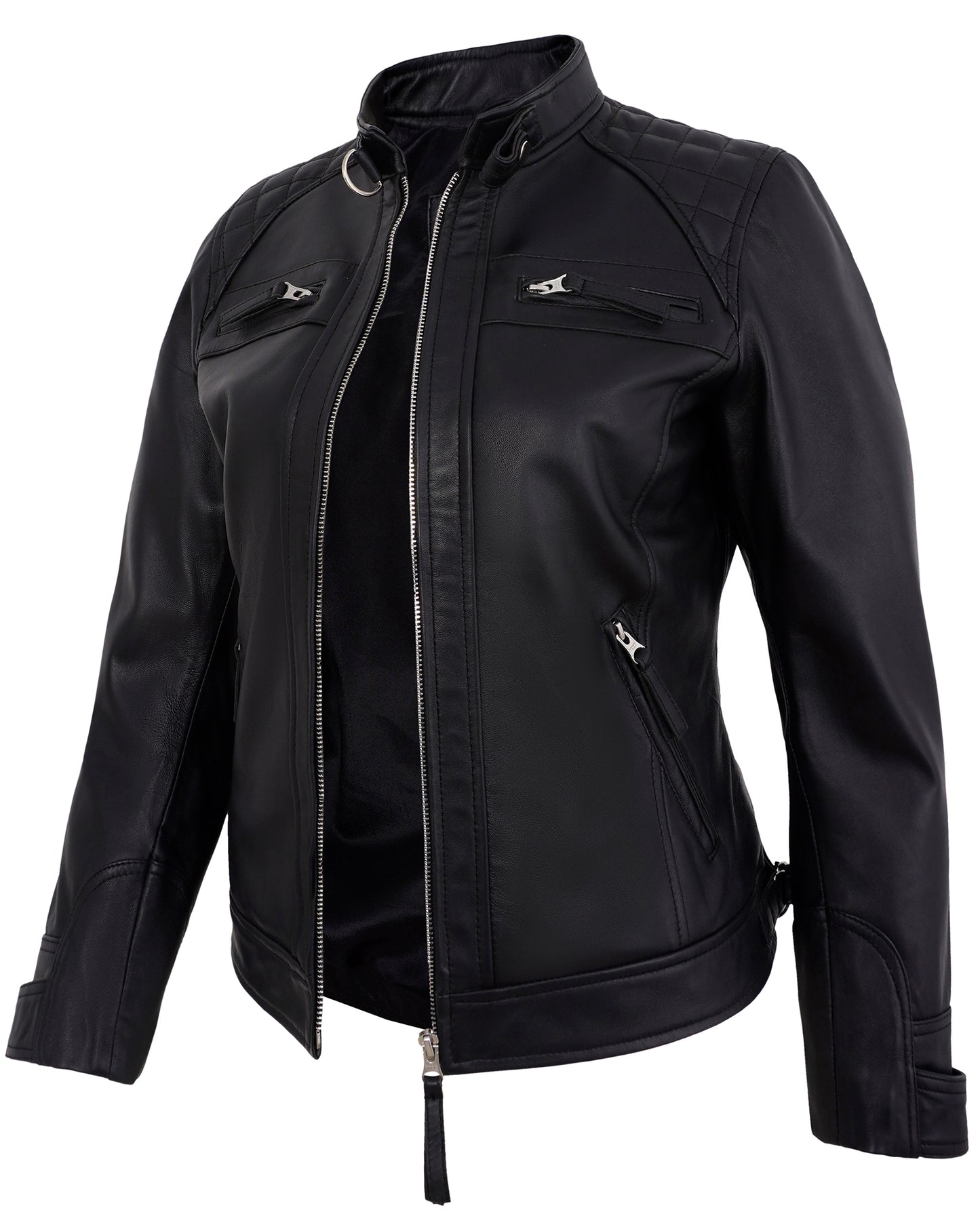 Black Leather Cafe Racer Jackets for Women – Real Lambskin Quilted