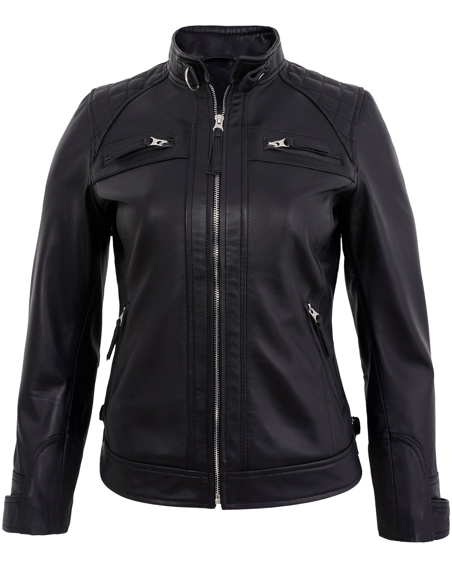 Black Leather Cafe Racer Jackets for Women – Real Lambskin Quilted