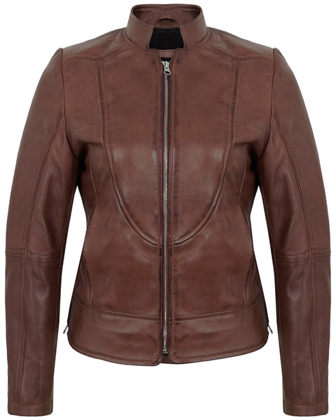 Brown Women’s Cafe Racer Leather Jacket – Real Lambskin Vintage Style
