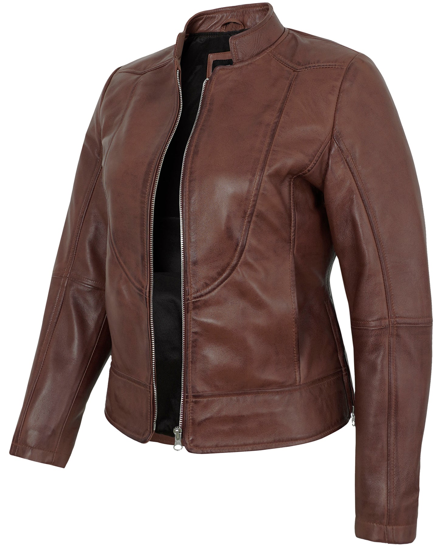 Brown Women’s Cafe Racer Leather Jacket – Real Lambskin Vintage Style