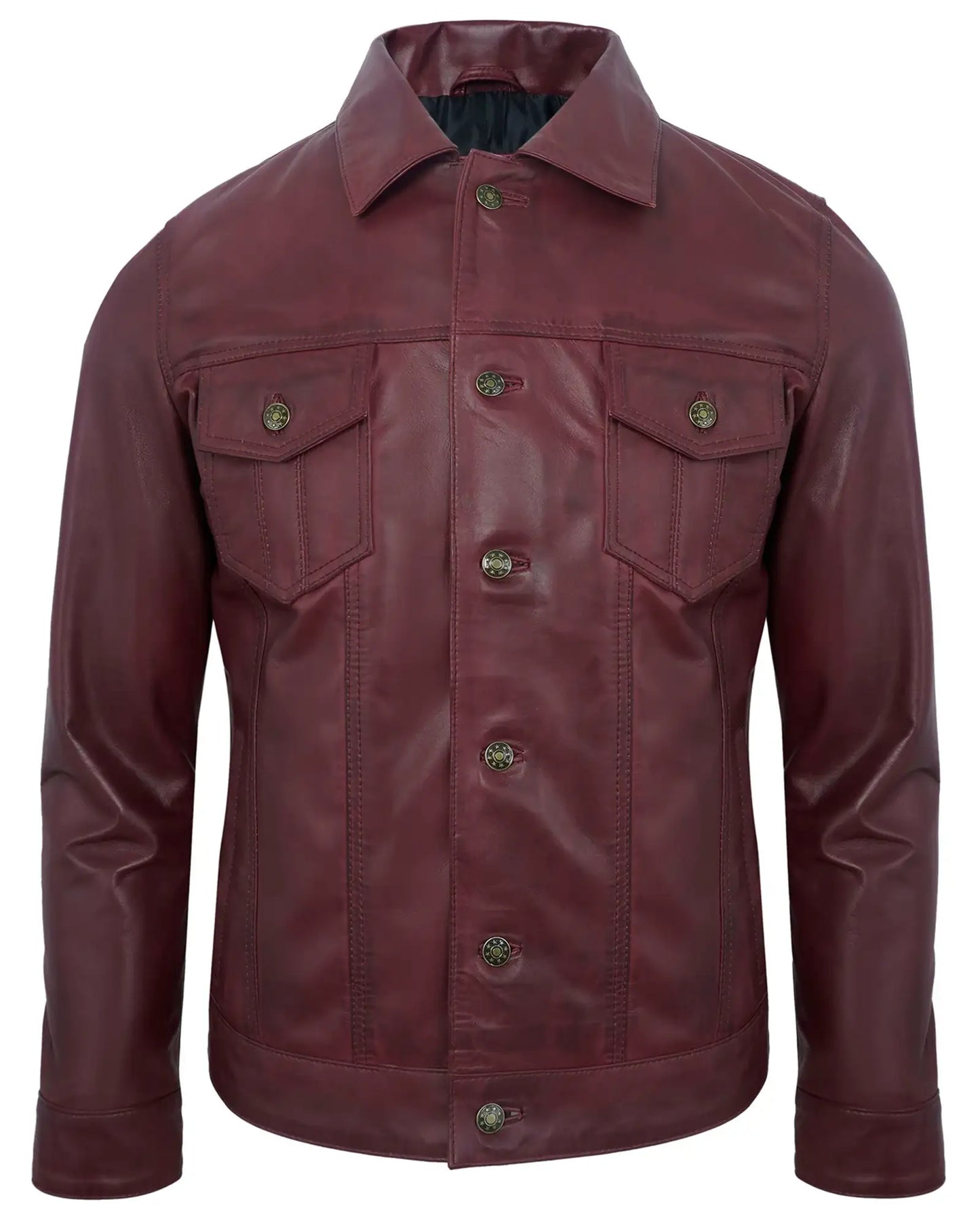 Maroon Vintage Leather Jacket for Men – Lambskin Trucker Style
