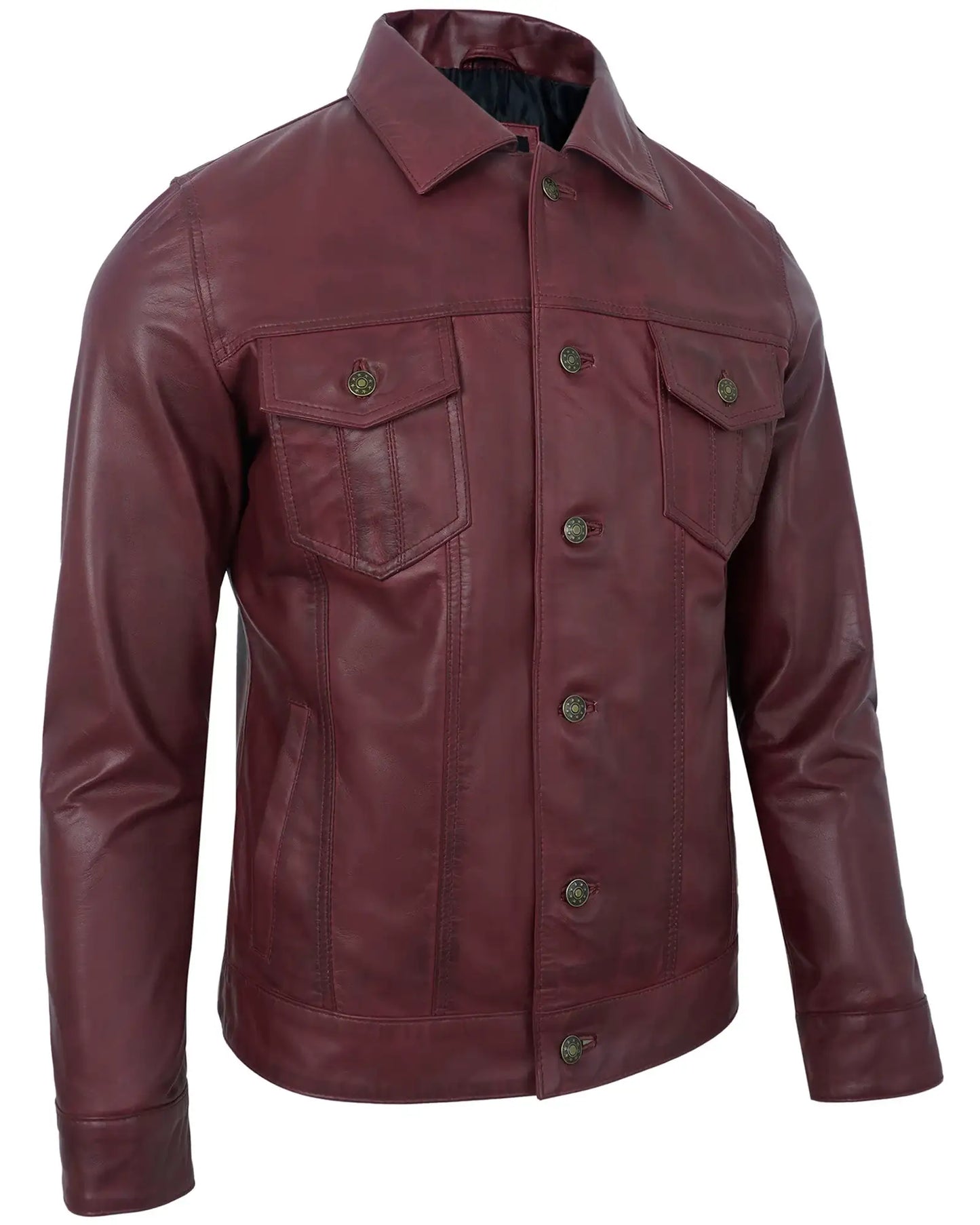 Maroon Vintage Leather Jacket for Men – Lambskin Trucker Style