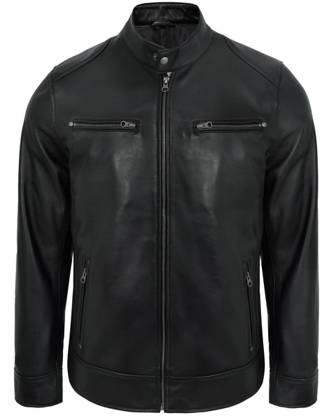 Cafe Racer Leather Jacket Black – Real Lambskin Motorcycle Style for Men
