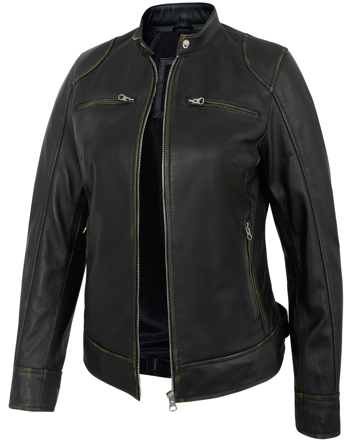 Black Ruboff Motorcycle Leather Jacket for Women – Real Lambskin