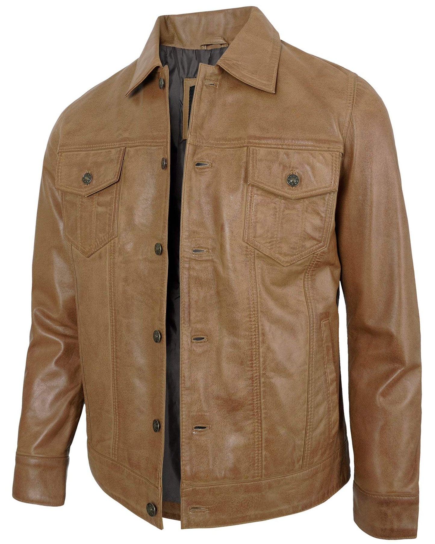 Camel Vintage Leather Jacket for Men – Real Lambskin Trucker Style