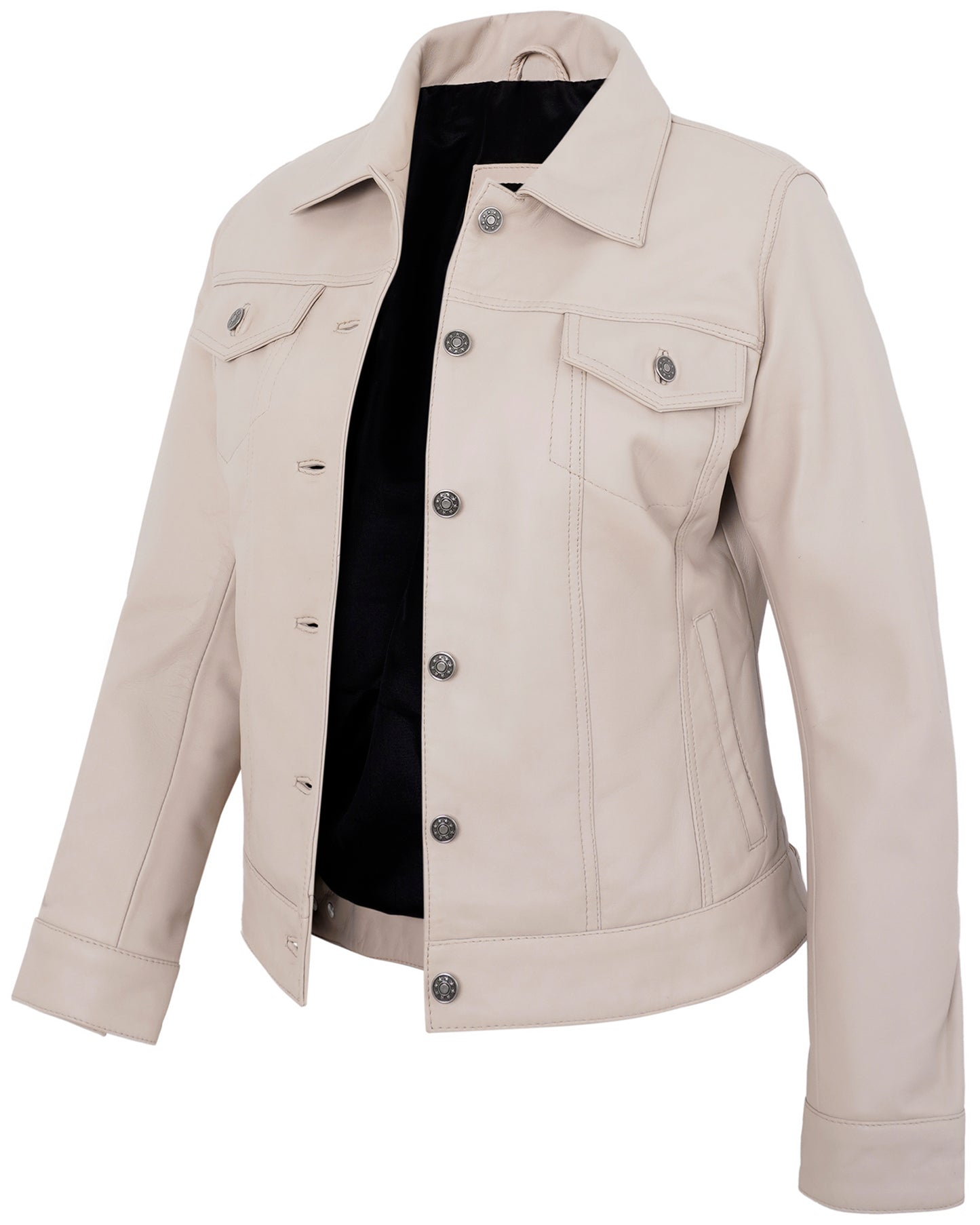 Beige Leather Jacket Trucker – Real Lambskin Vintage Style for Women
