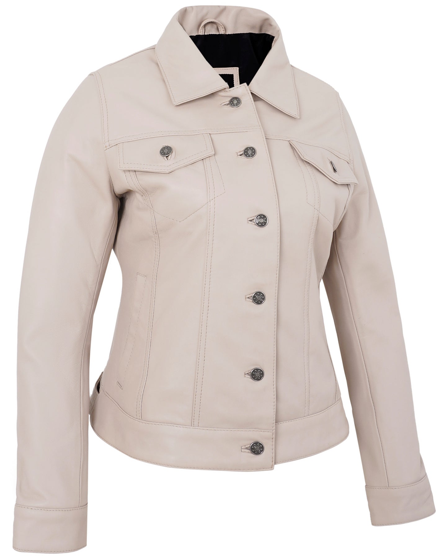 Beige Leather Jacket Trucker – Real Lambskin Vintage Style for Women