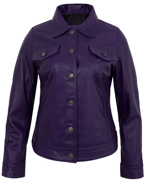Purple Leather Jacket Trucker – Real Lambskin Vintage Style for Women