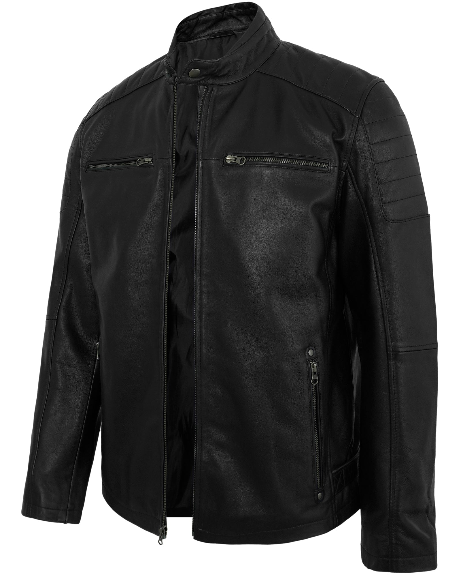 Men’s Black Leather Biker Jacket with Distressed Finish and Quilted Shoulders