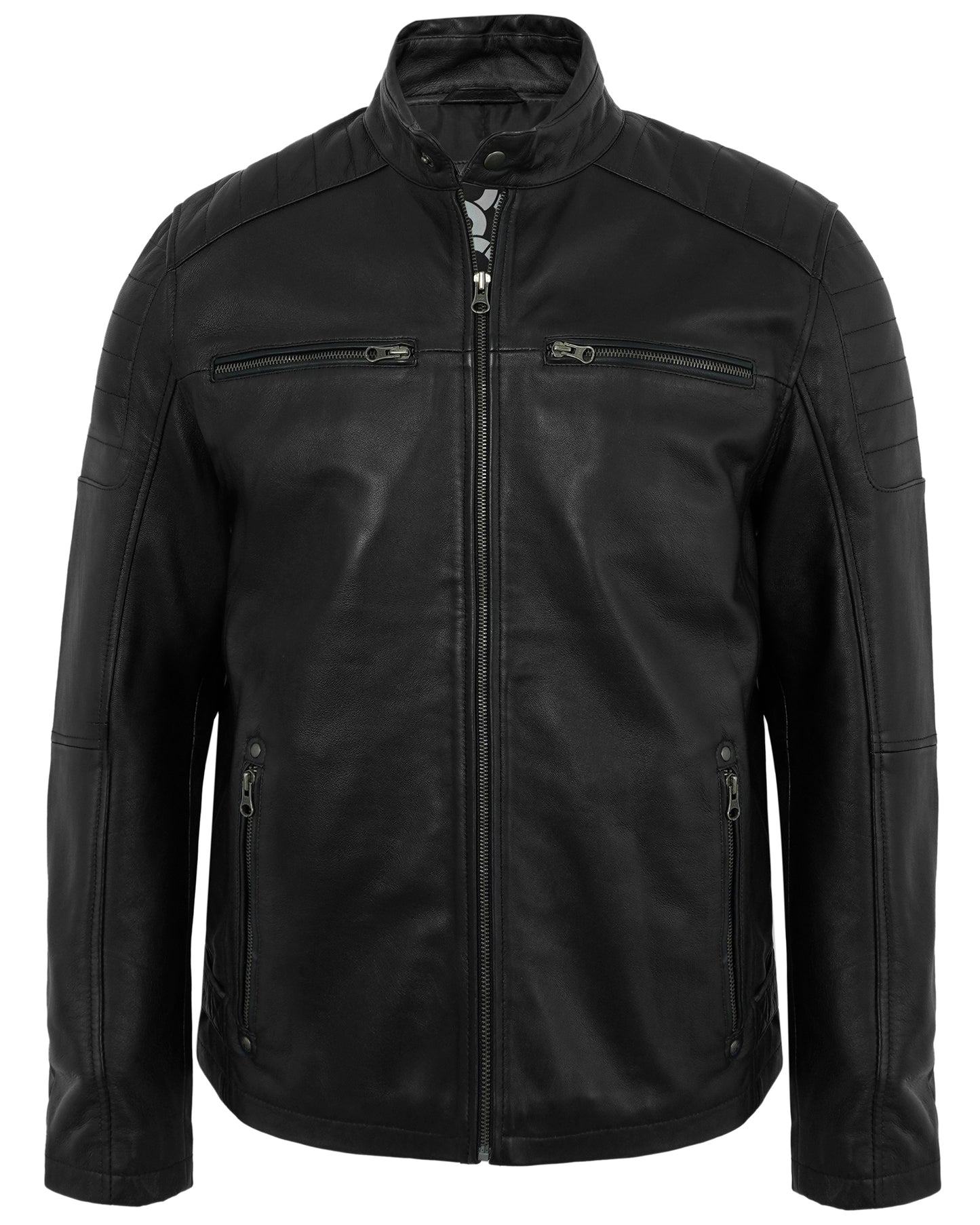 Edgy Black Leather Moto Jacket for Men Featuring Quilted Shoulder Panels