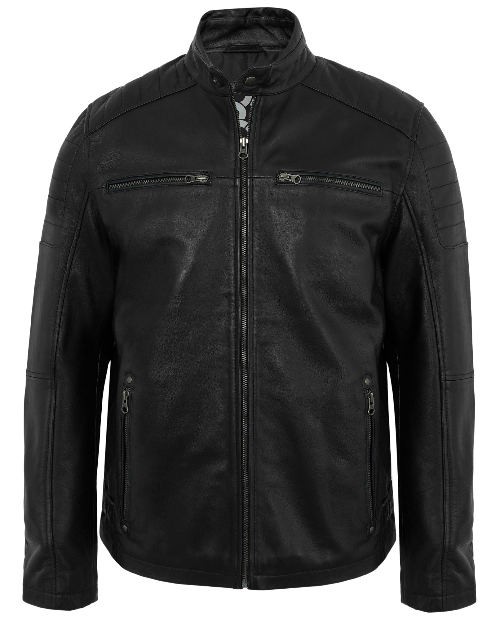 Edgy Black Leather Moto Jacket for Men Featuring Quilted Shoulder Panels