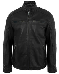 Edgy Black Leather Moto Jacket for Men Featuring Quilted Shoulder Panels
