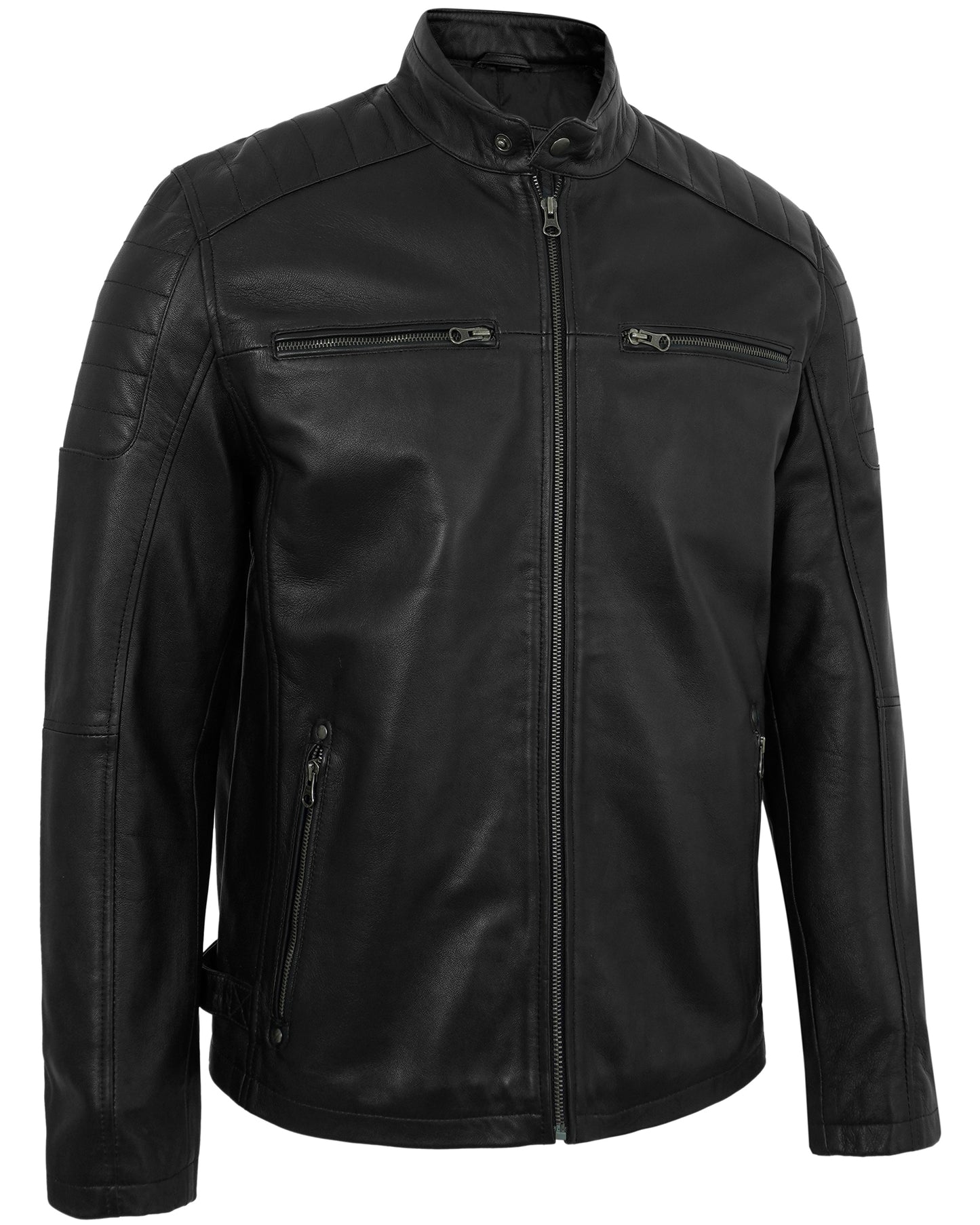 Black Leather Motorcycle Jacket for Men with Quilted Shoulders