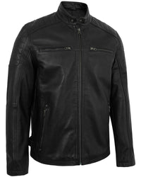 Black Leather Motorcycle Jacket for Men with Quilted Shoulders