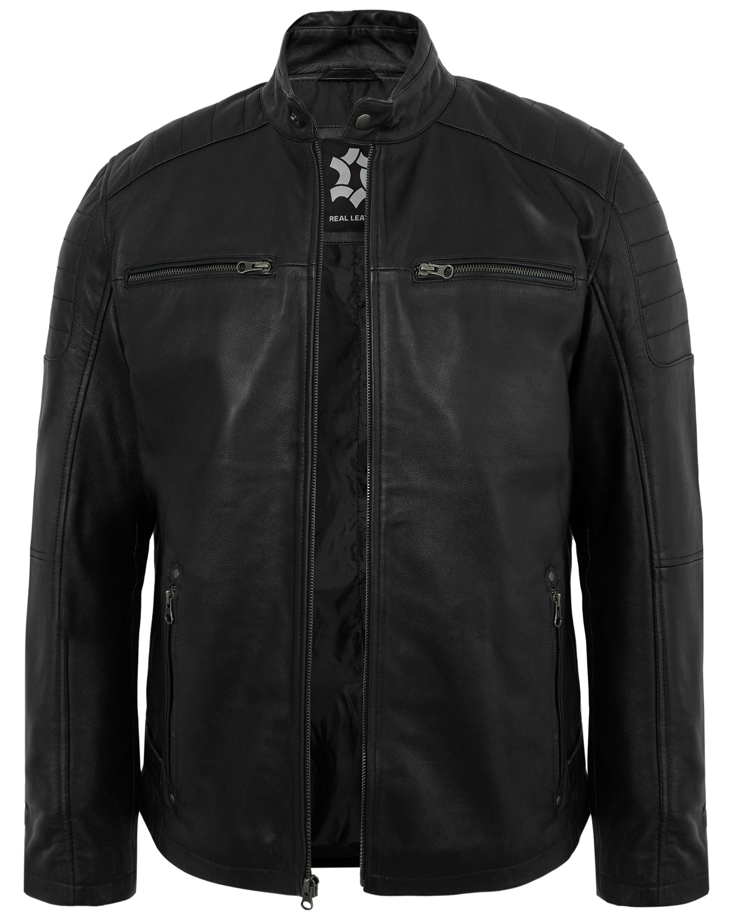 Men’s Distressed Black Leather Biker Jacket for Men – Quilted Shoulder