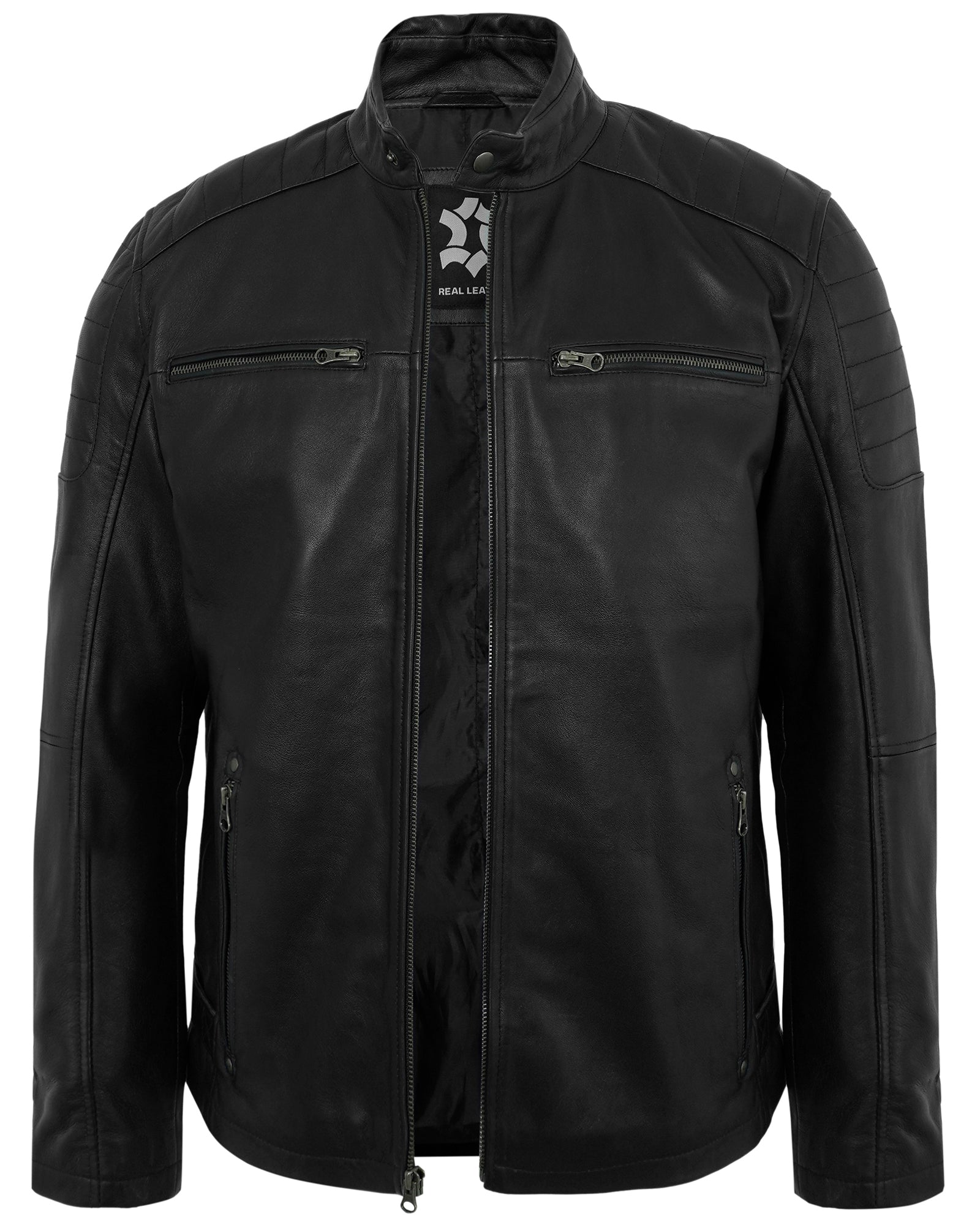 Men’s Distressed Black Leather Biker Jacket for Men – Quilted Shoulder