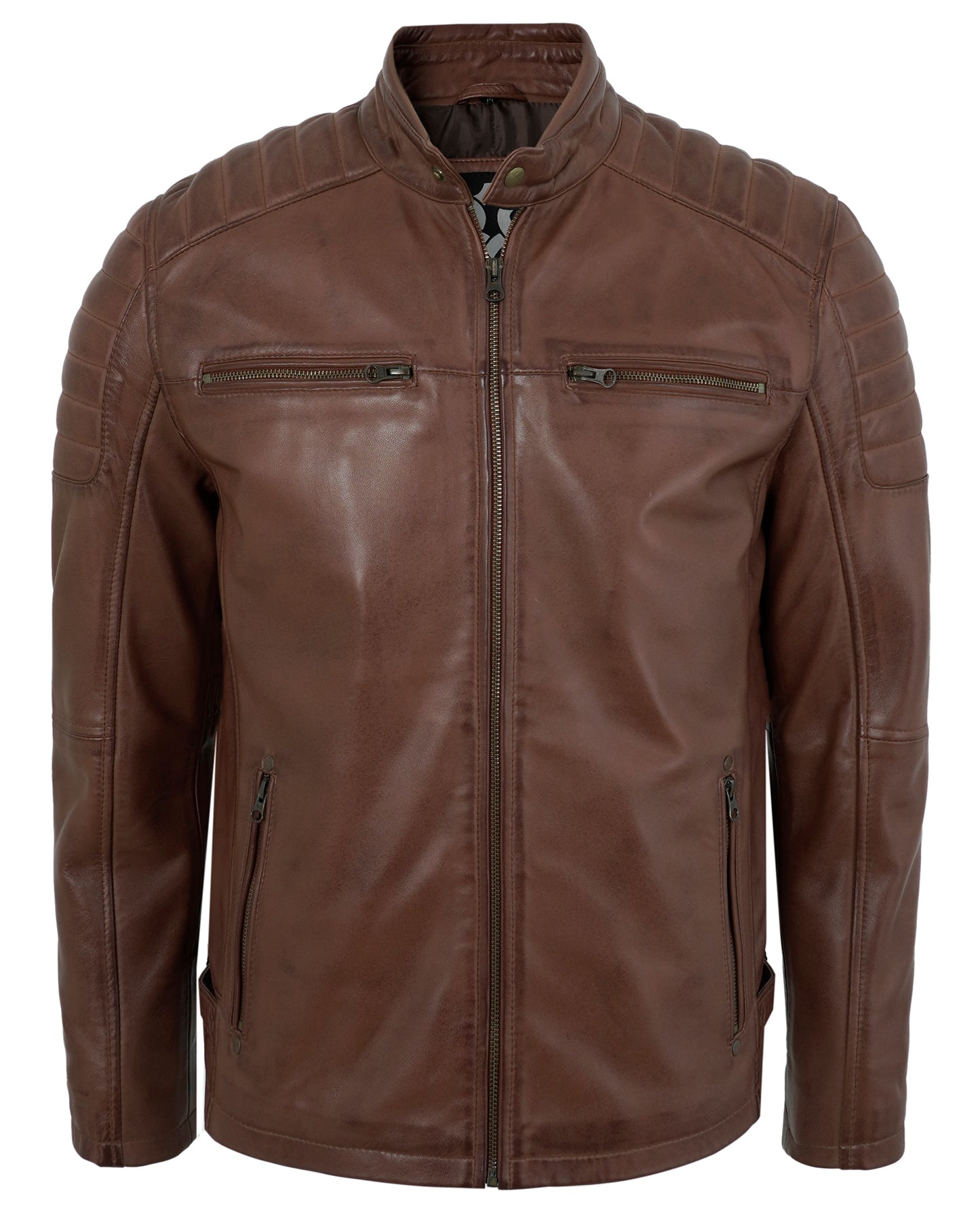 Men’s Distressed Brown Motorcycle Leather Jacket for Men – Quilted Shoulder