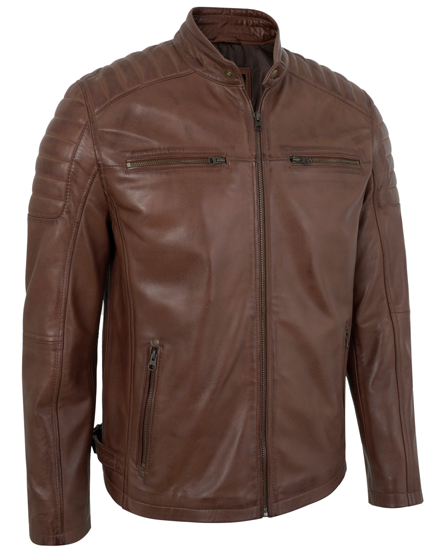 Men’s Distressed Brown Motorcycle Leather Jacket for Men – Quilted Shoulder