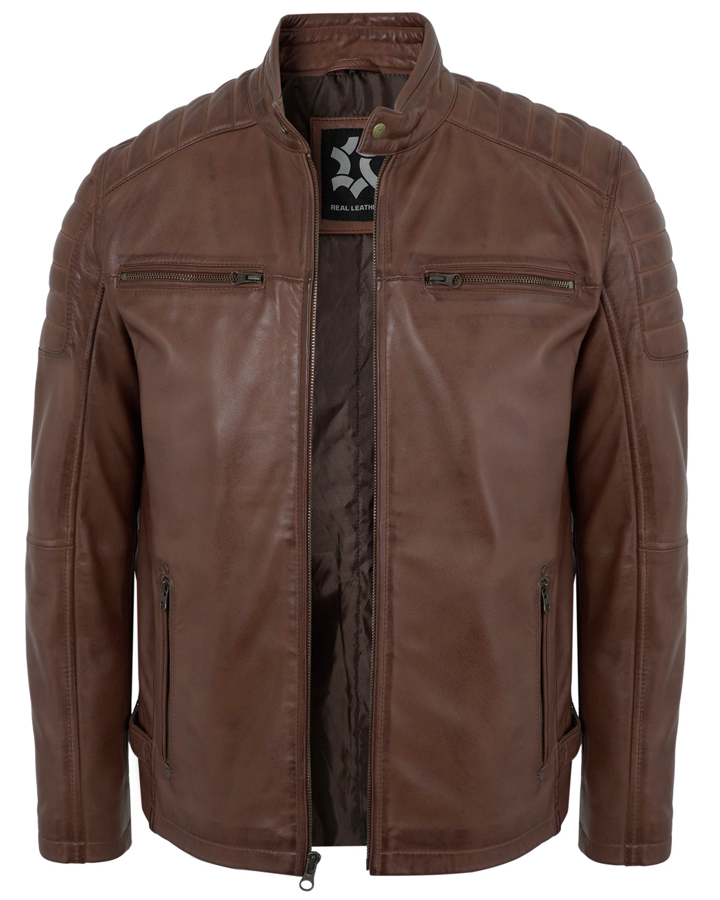 Men’s Distressed Brown Motorcycle Leather Jacket for Men – Quilted Shoulder