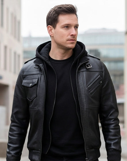 Black Hooded Leather Jacket for Men – Lambskin Bomber
