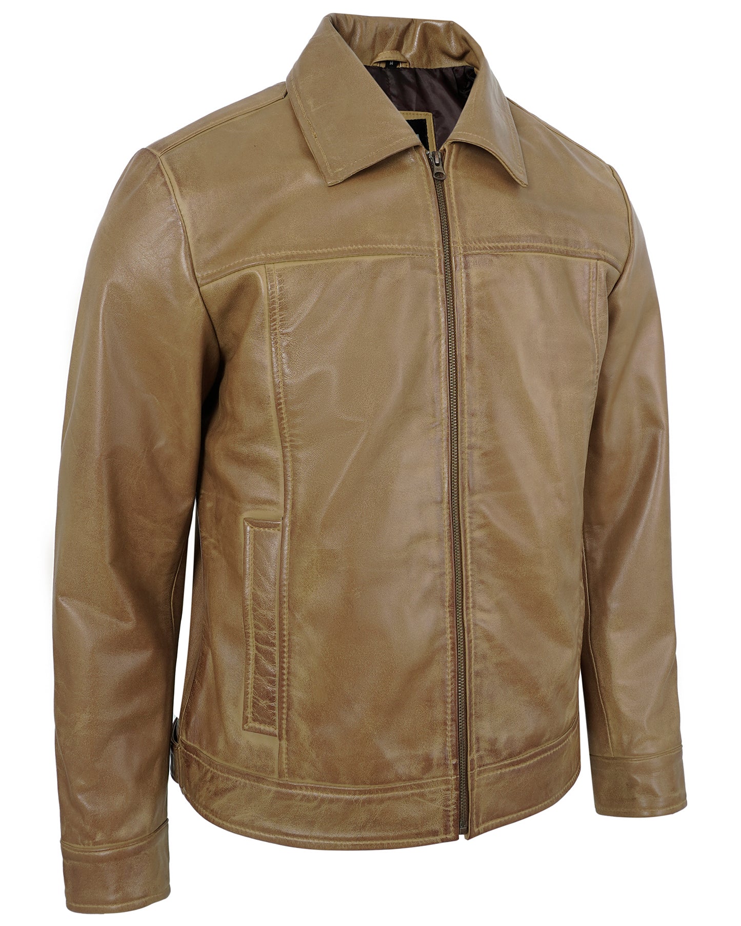 Camel Men’s Motorcycle Leather Jacket – Real Lambskin Turn Down Collar