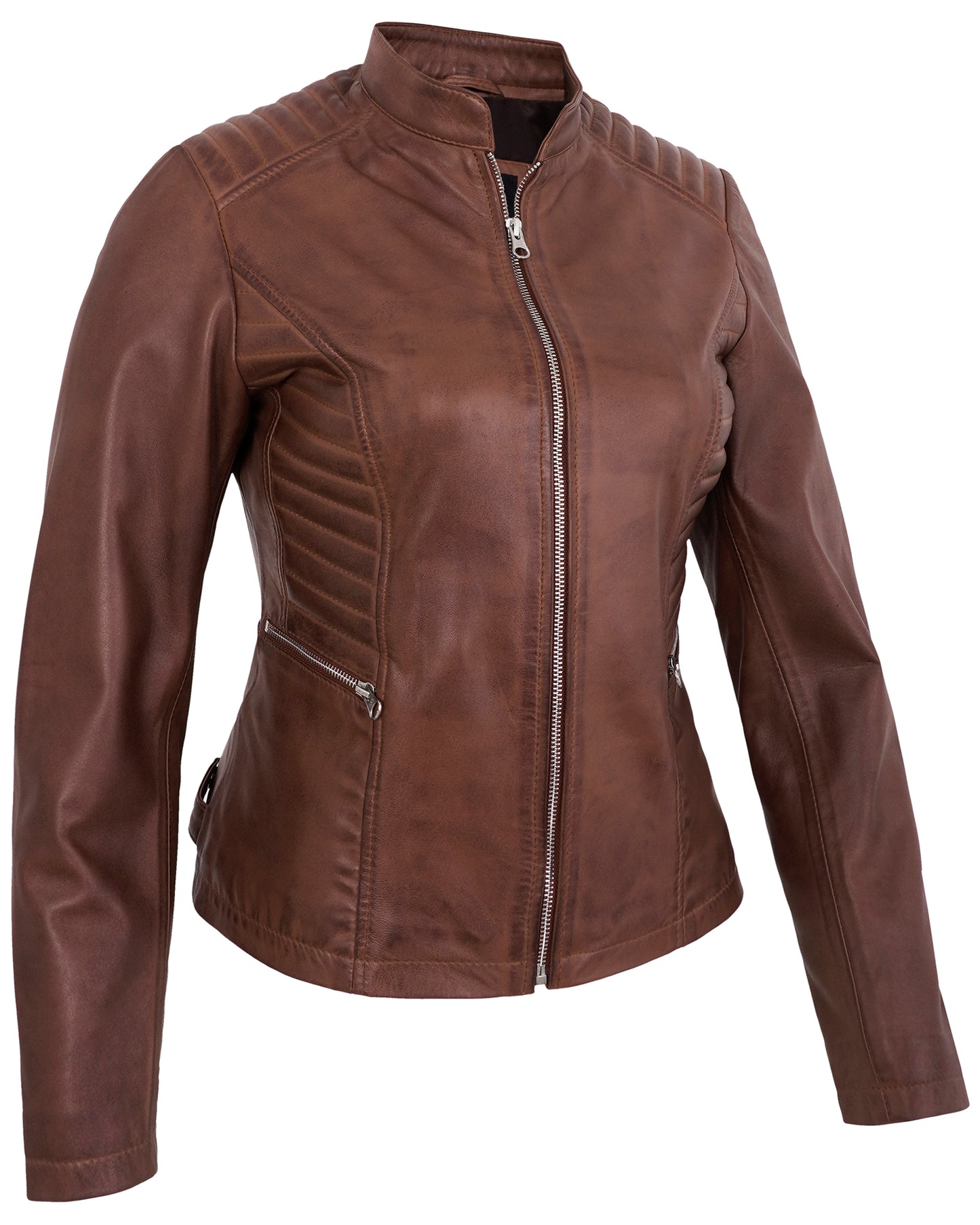 Brown Women’s Cafe Racer Motorcycle Jacket – Real Lambskin Quilted Style