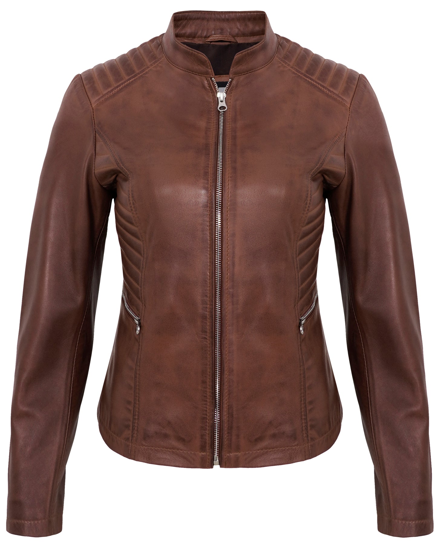 Brown Women’s Cafe Racer Motorcycle Jacket – Real Lambskin Quilted Style