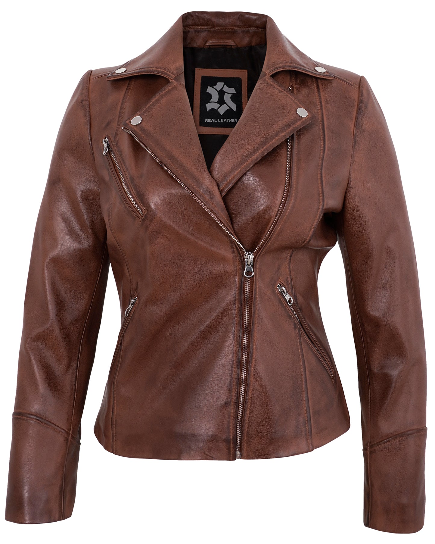 Brown Biker Leather Jackets for Women – Real Lambskin Moto Jacket
