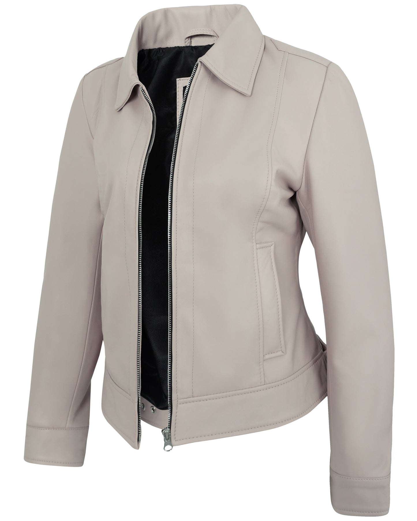 Beige Cafe Racer Down Collar Jacket – Women’s Lambskin Leather