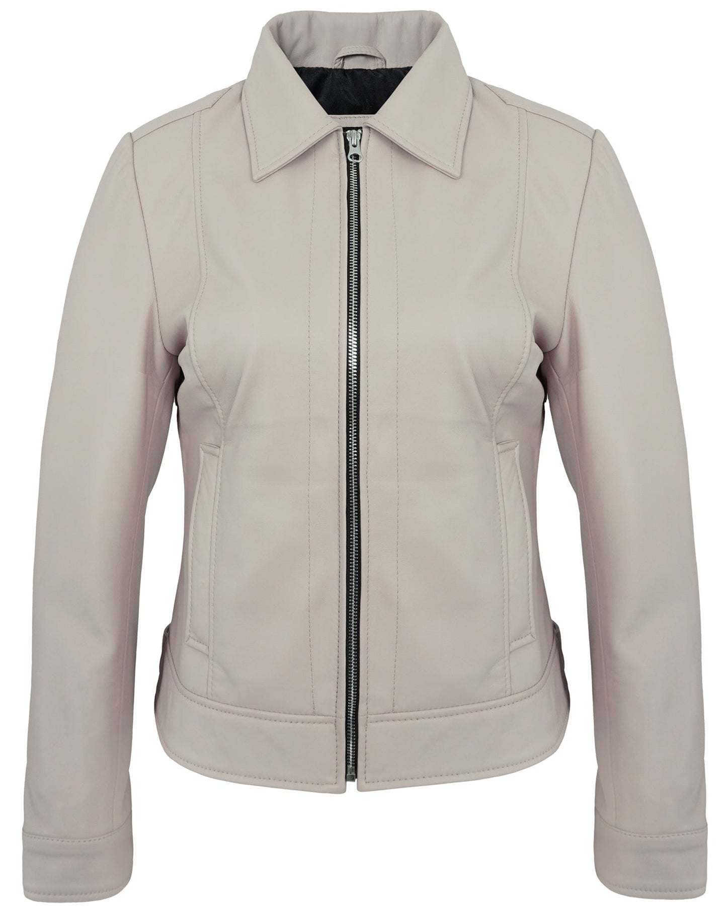 Beige Cafe Racer Down Collar Jacket – Women’s Lambskin Leather