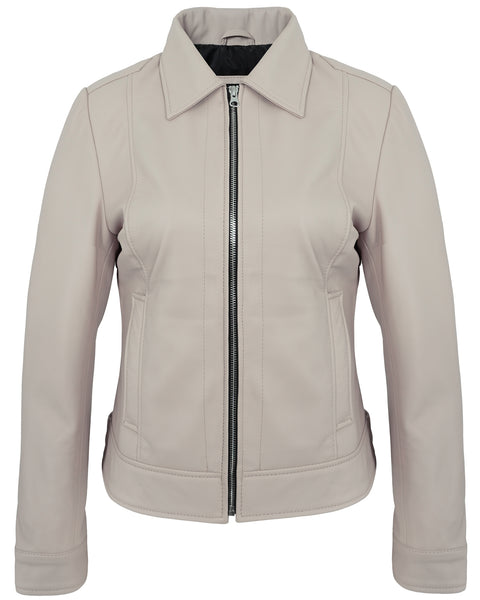 Beige Cafe Racer Down Collar Jacket – Women’s Lambskin Leather