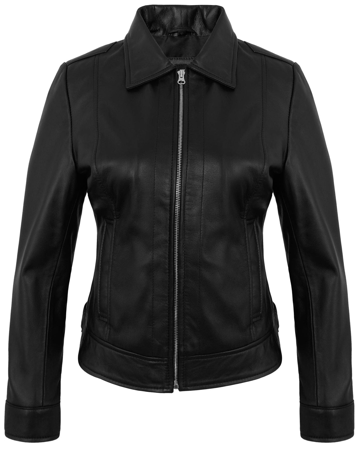 Black Cafe Racer Down Collar Jacket – Women’s Lambskin Leather