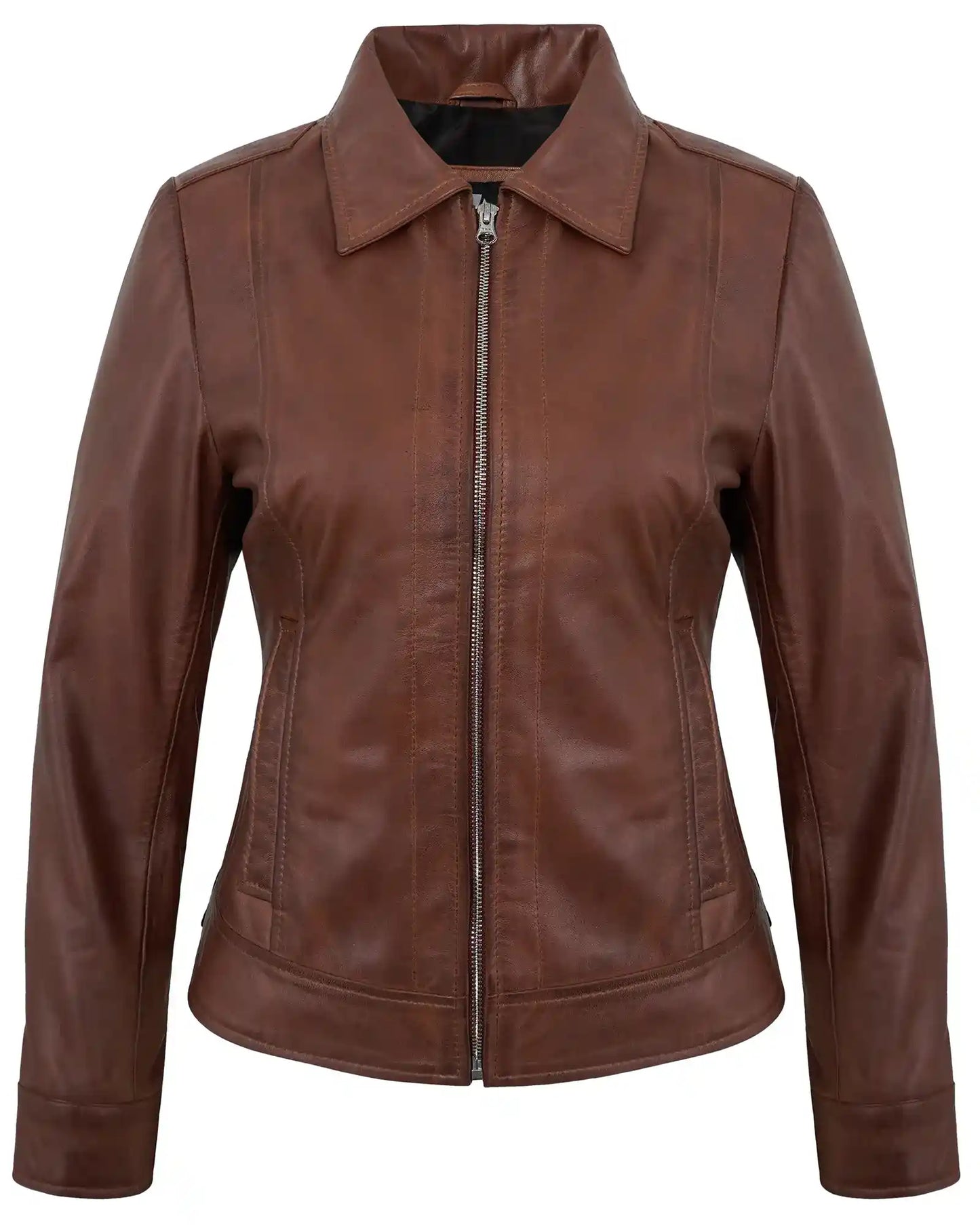 Brown Cafe Racer Down Collar Jacket – Women’s Lambskin Leather