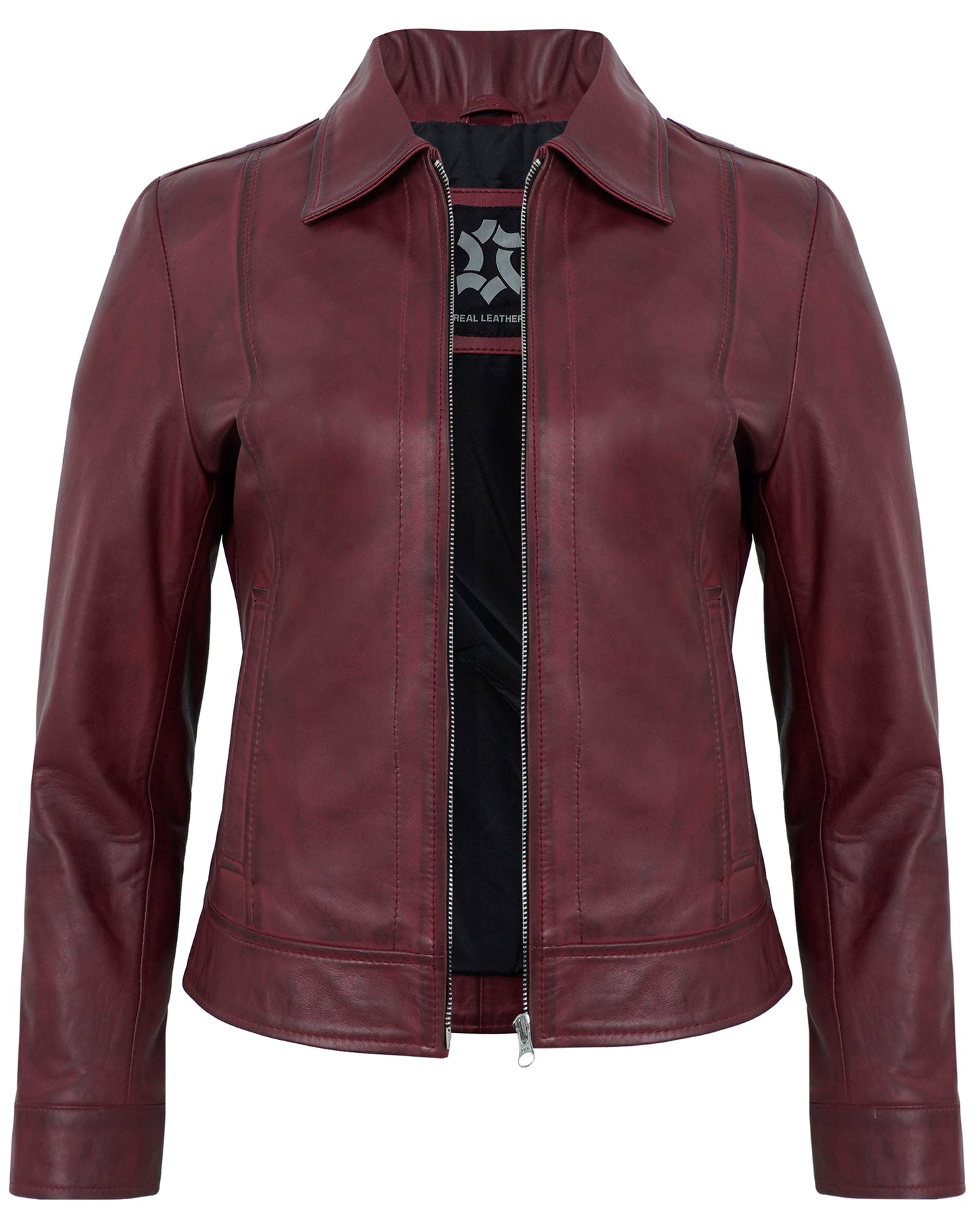 Maroon Cafe Racer Down Collar Jacket – Women’s Lambskin Leather