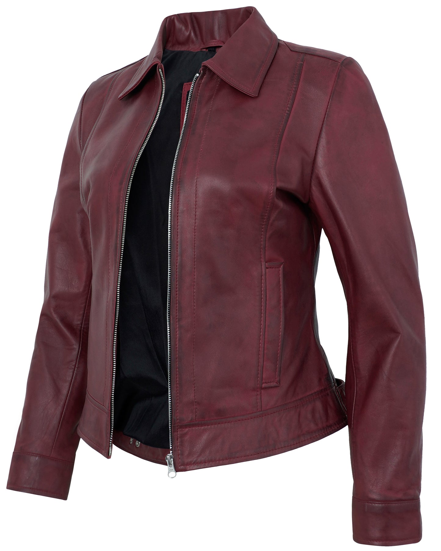 Maroon Cafe Racer Down Collar Jacket – Women’s Lambskin Leather