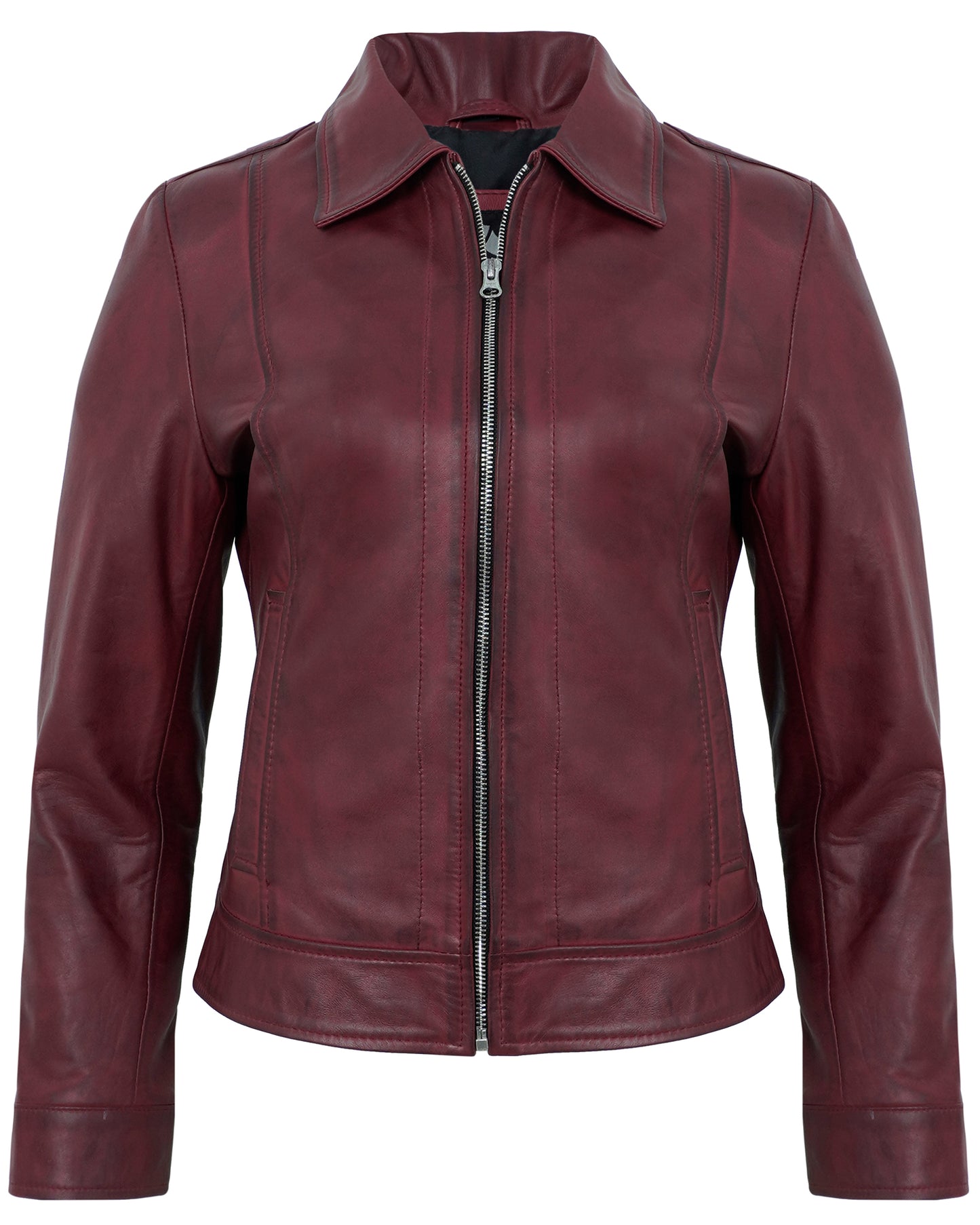 Maroon Cafe Racer Down Collar Jacket – Women’s Lambskin Leather