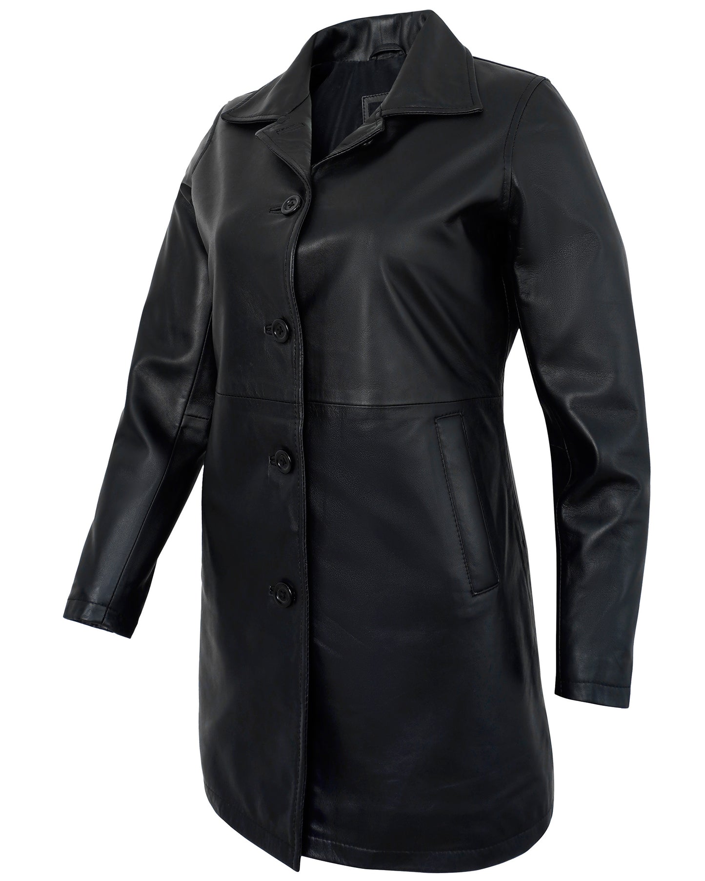 Women’s Black Leather Coat – Classic Turn Down Collar Real Lambskin